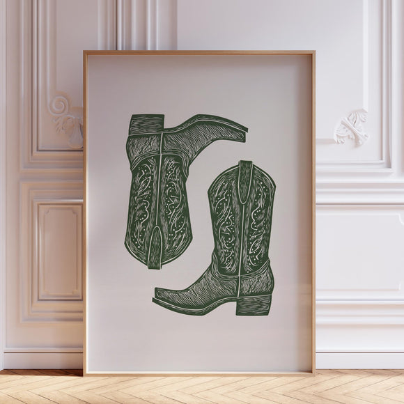 Sage Green Cowboy Boot Wall Art Print