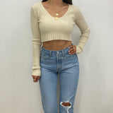 Sophia Oatmeal Rib Knit Cropped Sweater