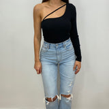 Quinn One Sleeve Black Bodysuit with Cut Out