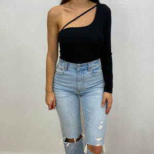 Quinn One Sleeve Black Bodysuit with Cut Out