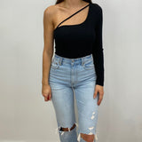 Quinn One Sleeve Black Bodysuit with Cut Out