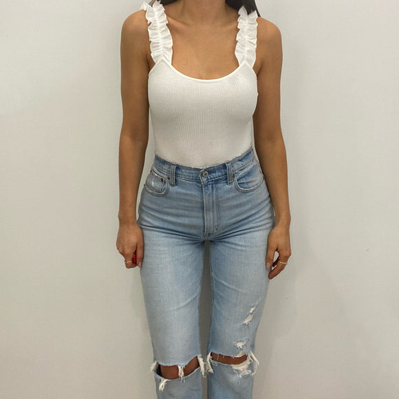 Layla White Ruffle Rib Knit Bodysuit